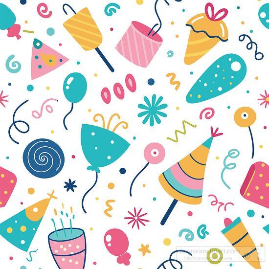 seamless pattern featuring various party themed doodles