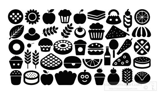 set of Black and white vector silhouette design of various foods