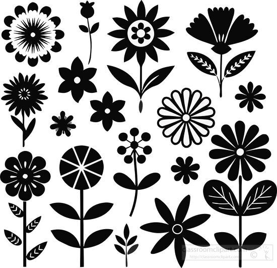 set of black flower symbols collection