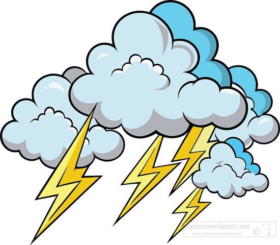 set of cartoon clouds including lightning bolts shows stormy wea