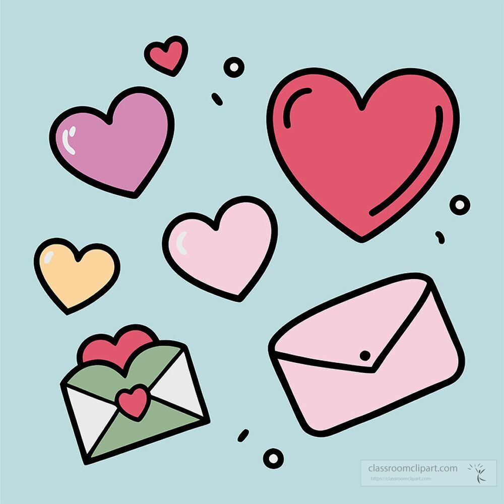 set of cute pastel colored hearts and envelopes are scattered