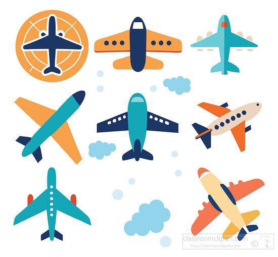 set of various airplane icons in different styles and colors