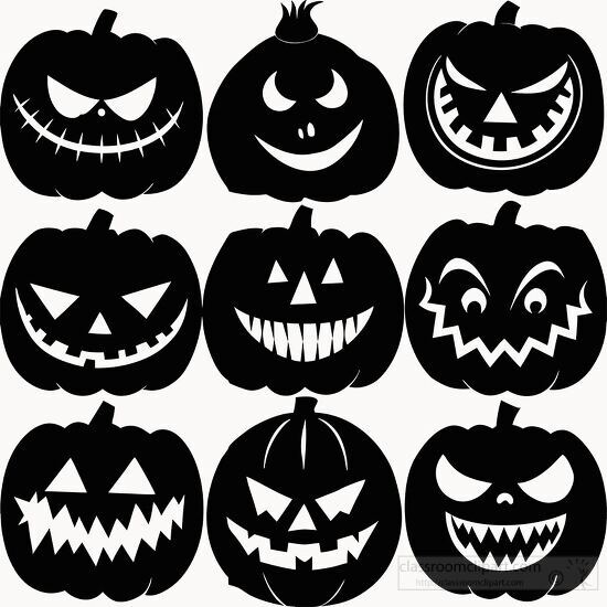 silhouette pumpkins with different spooky faces clipart