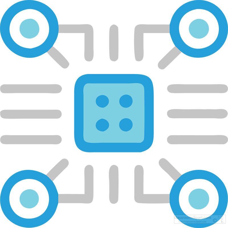 simplified icon of a microchip or processor with connected nodes