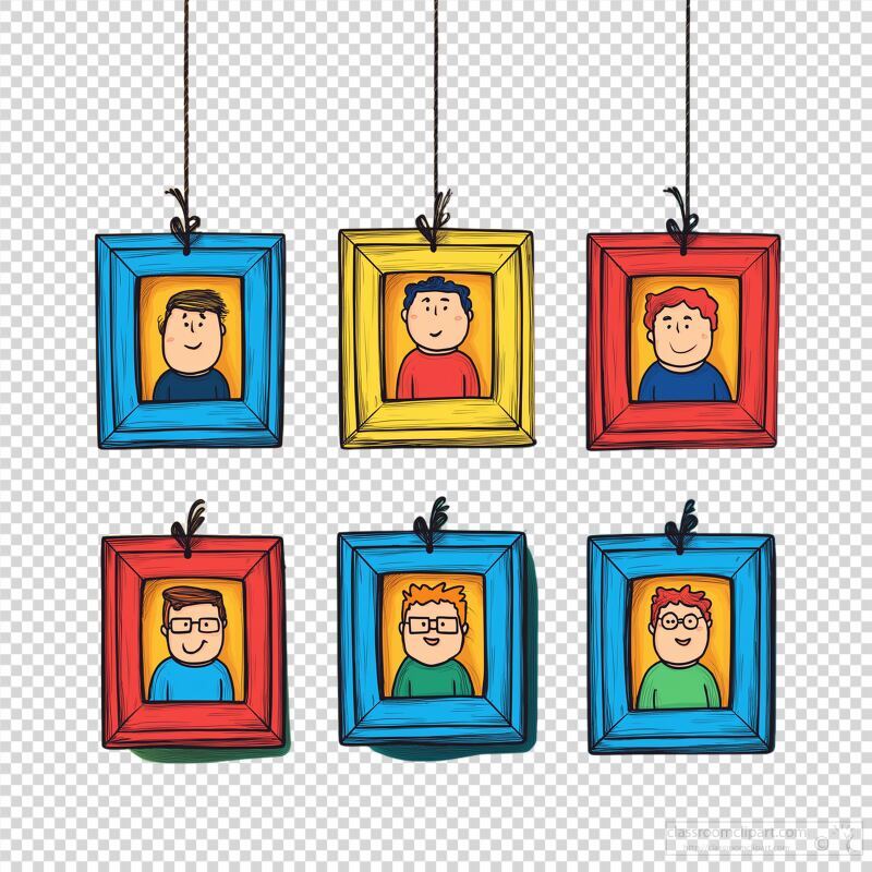 Six colorful frames hang in a grid, each featuring a cheerful character with varying hairstyles and expressions. The bright colors add a playful touch to the artwork.