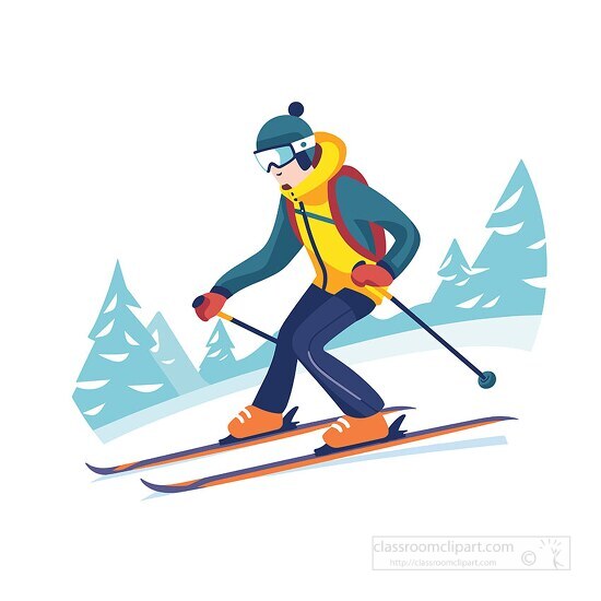 skier in bright attire swiftly descends a snowy mountain slope