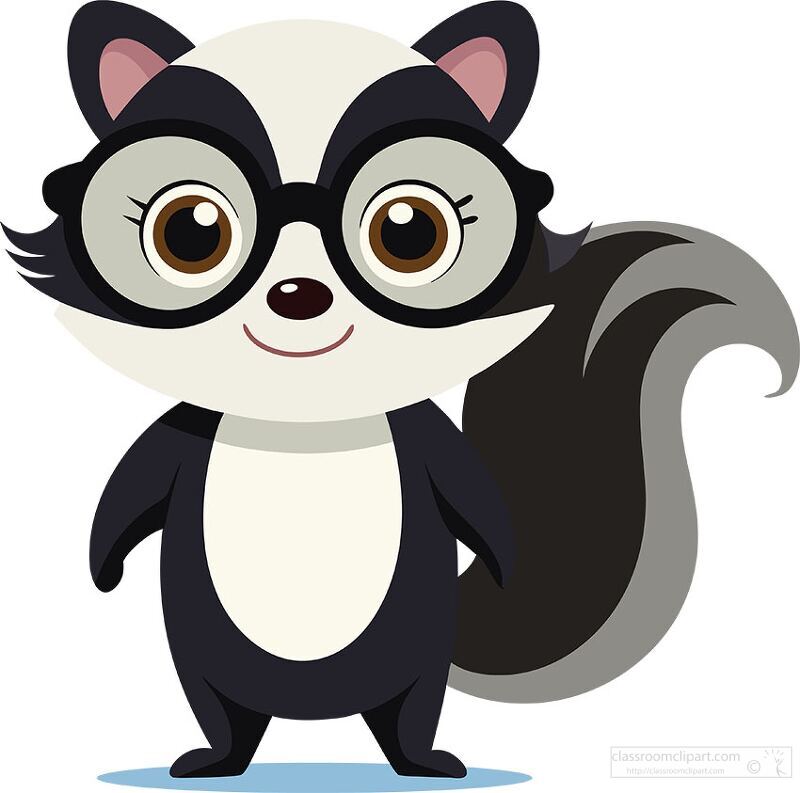 skunk wearing oversized glasses stands upright and smiles