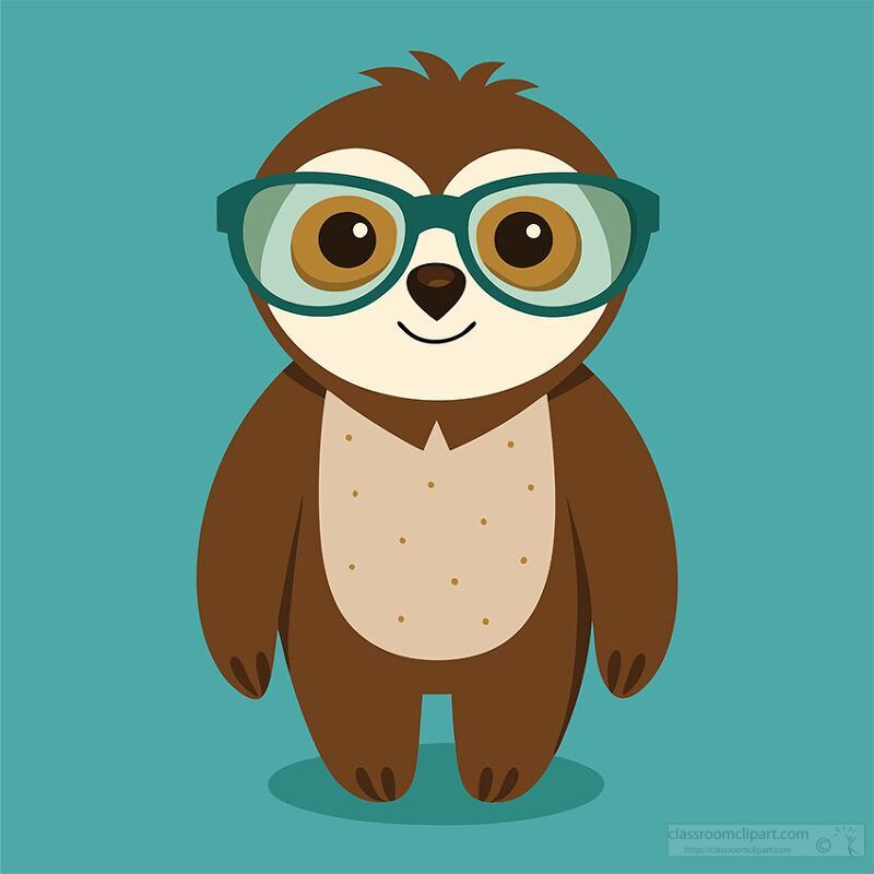 sloth with teal glasses stands upright and smiles