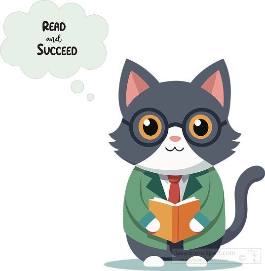 smart looking cat reading a book with thought bubble read to succeed