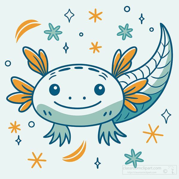 smiling axolotl with frilly gills floats among stars and sparkle