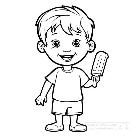 smiling boy with a popsicle black and white coloring page