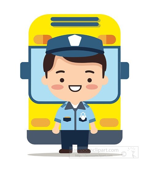 Smiling cartoon character of a bus driver stands in front of a b