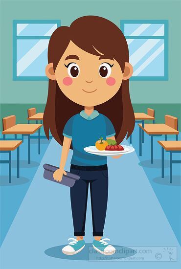 smiling girl holding a tray with a meal in a school cafeteria