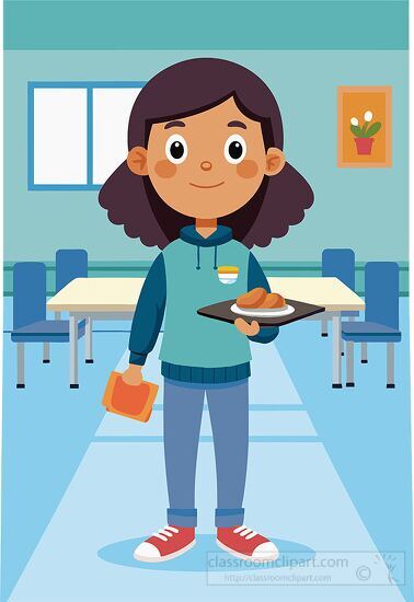 smiling girl in a blue hoodie holds a tray of food