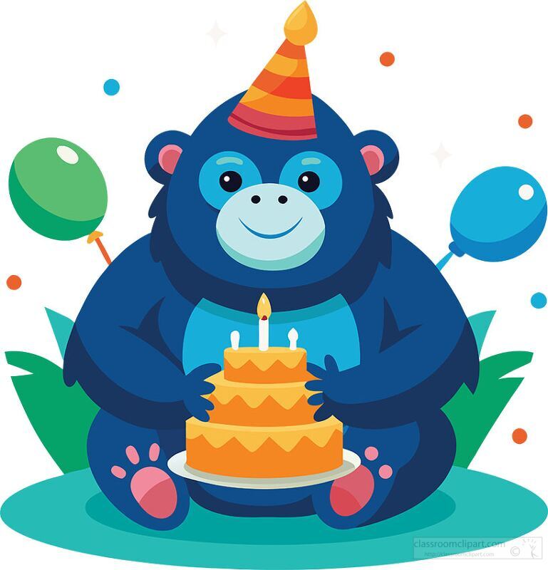 smiling gorilla with a party hat celebrates with a multi layered cake