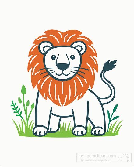 smiling lion with a full mane sits on grass simple