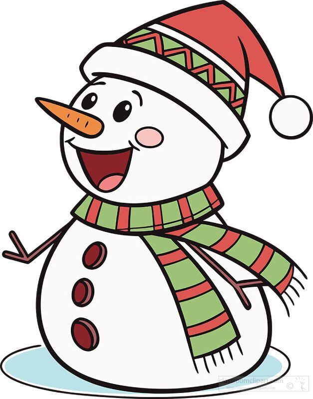 smiling snowman with a Santa hat and green and red striped scarf