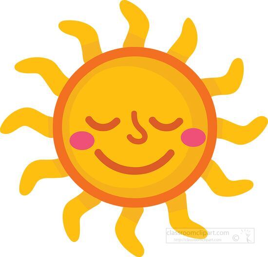 smiling sun with closed eyes and curly yellow rays clipart
