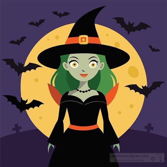 smiling witch with green hair stands in front of a bright yellow