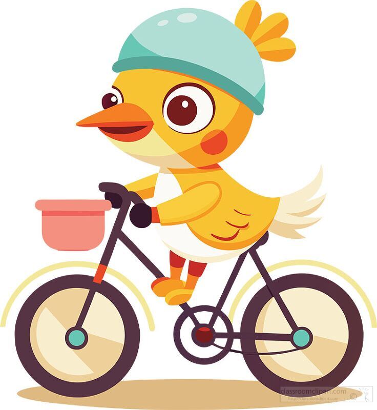 smiling yellow duck wearing a helmet rides a bike