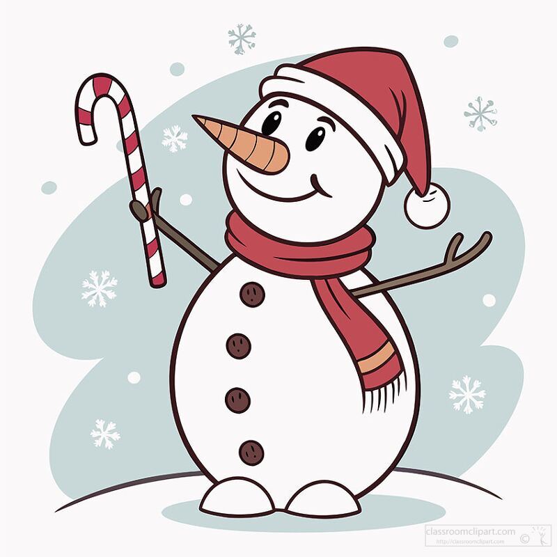 snowman in a Santa hat and scarf holds a candy cane