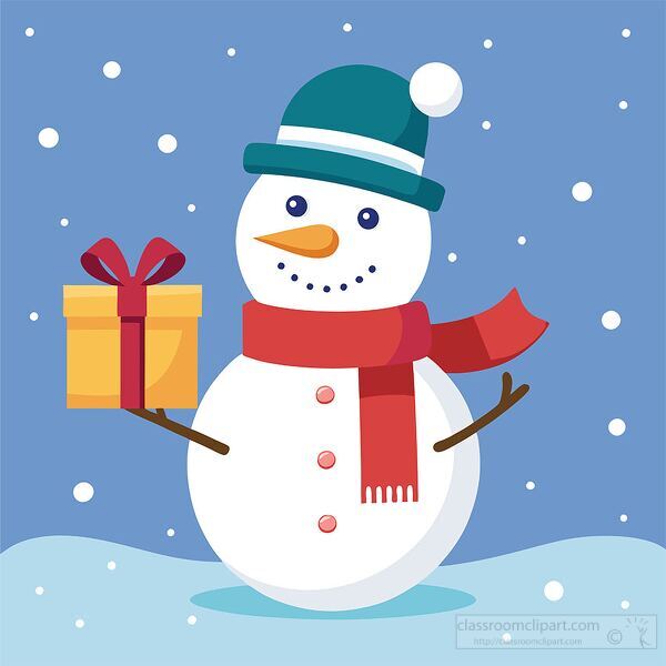 snowman with a green hat and red scarf holding a wrapped gift