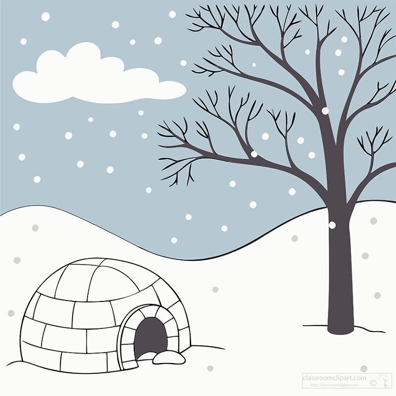 snowy winter scene featuring an igloo and a bare tree