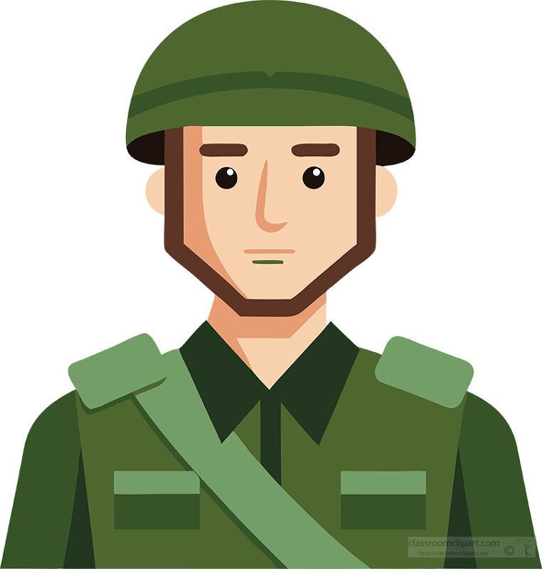 soldier in green military attire and helmet looks serious