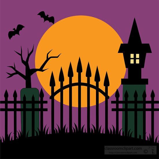 spooky graveyard with bare tree and bats under a orange moon