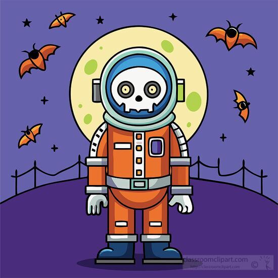 spooky Halloween themed astronaut with a skeleton face in an ora