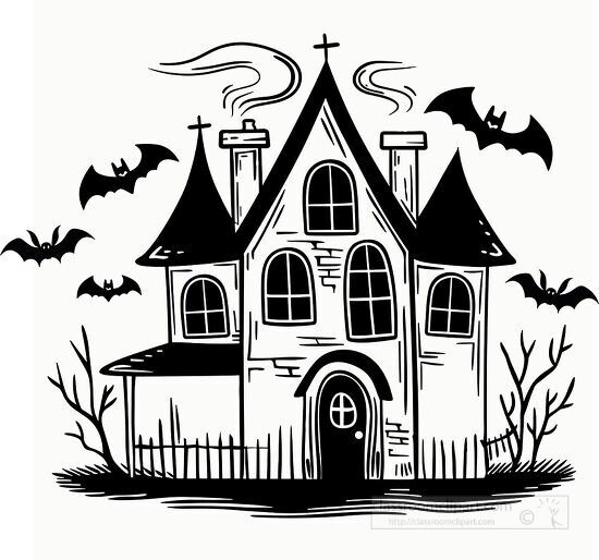 spooky haunted house with bats flying around