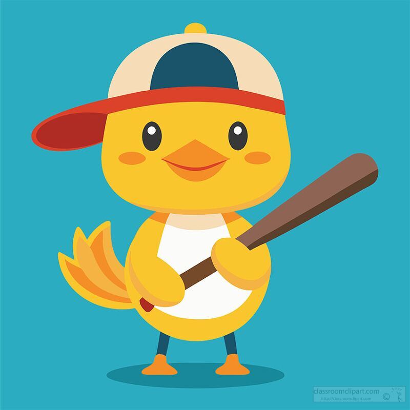 sports loving yellow duckling in a cap holds a baseball bat