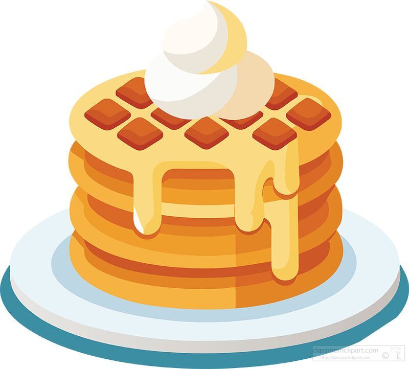 stack of breakfast waffles with syrup and whipped cream