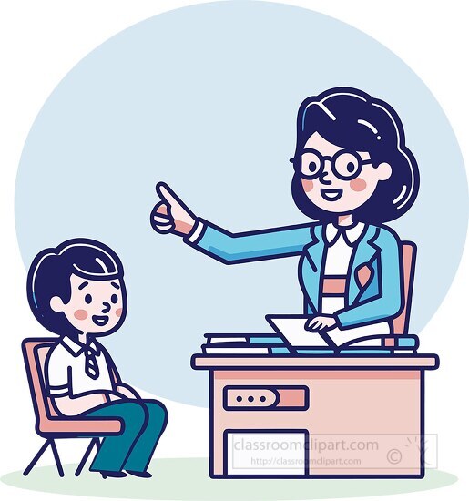 student sits near his teachers desk cartoon style