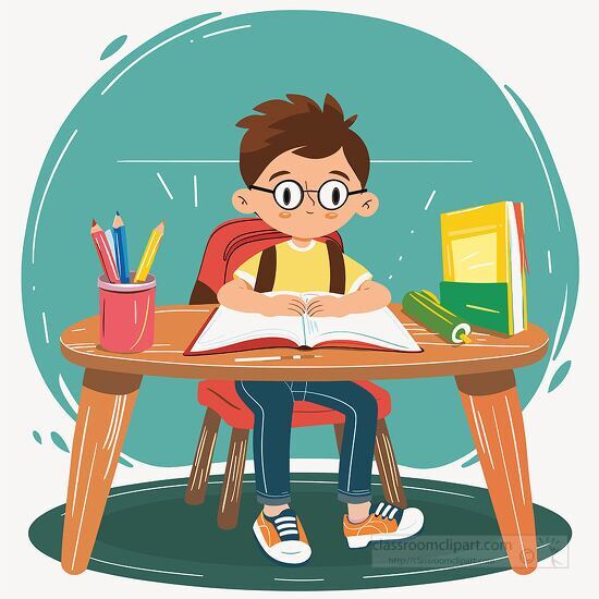 student studying at a desk with books and pencils