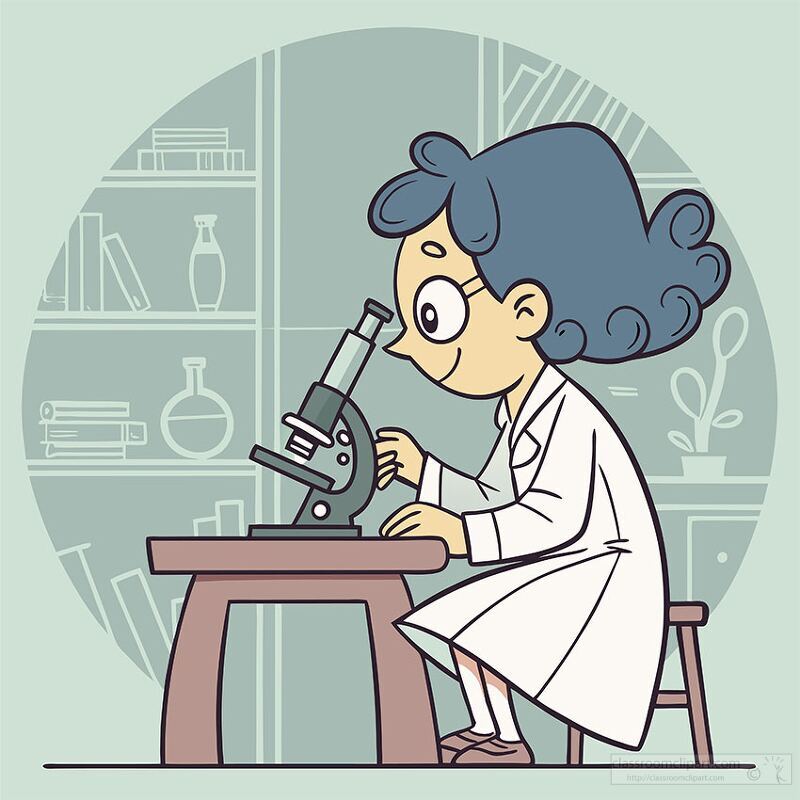 student wearing lab coat examines specimen under a microscope