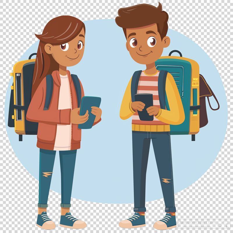 Two students stand together, each holding their smartphone. They wear casual clothing and backpacks, appearing relaxed and engaged in their devices, likely outdoors.