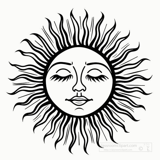 stylized sun graphic featuring a face and wavy lines as ray