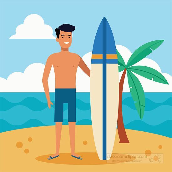 Surfer with surfboard on tropical beach clipart