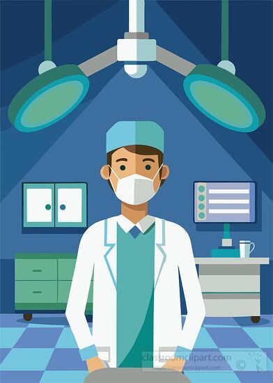 Cartoon illustration of a surgeon in an operating room wearing a mask and cap clipart