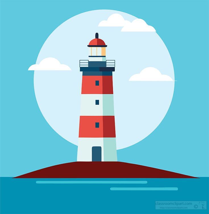 tall red and white lighthouse on a small island