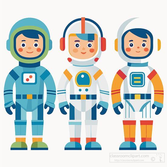 Three astronauts in bright and cheerful spacesuits are standing 