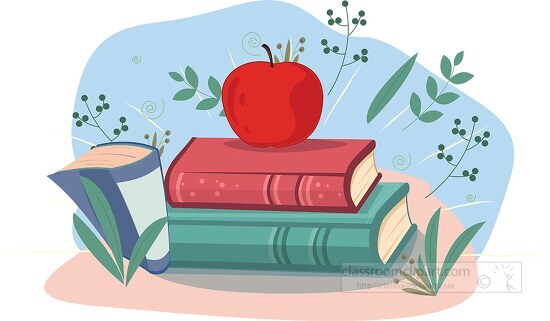 three books stacked with apple plant design elements clipart