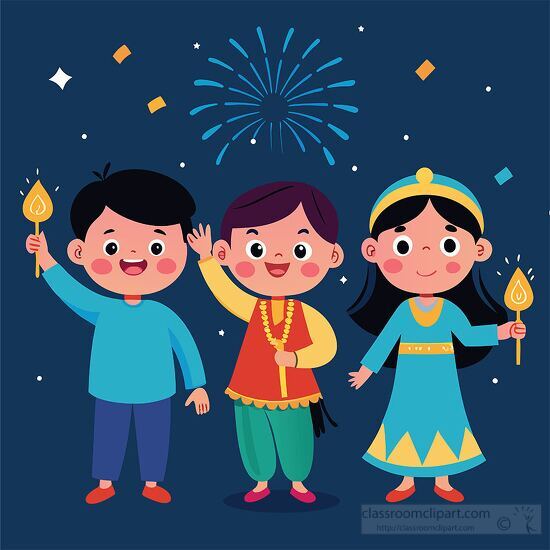 Three children celebrate Diwali under a night sky