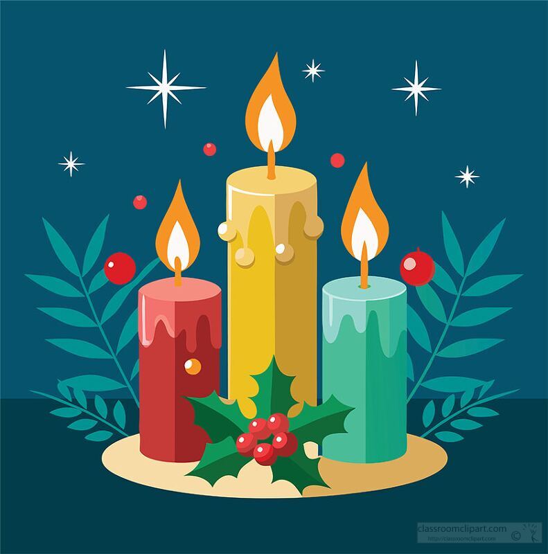 Three Christmas holiday candles decorated with holly