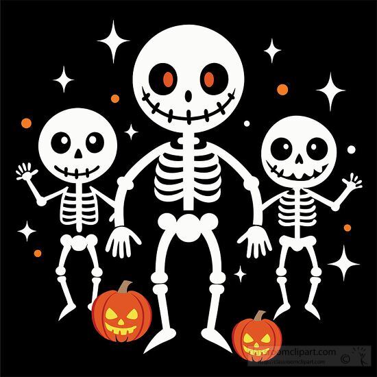 Three dancing skeletons against a black background waving