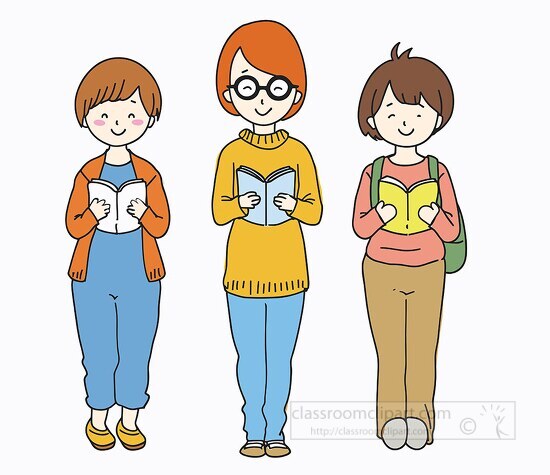 three female students with different hair colors reading books