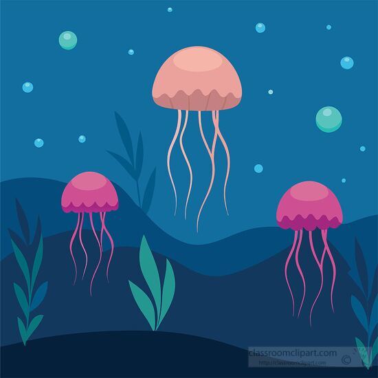 Three jellyfish drift peacefully in the deep blue ocean