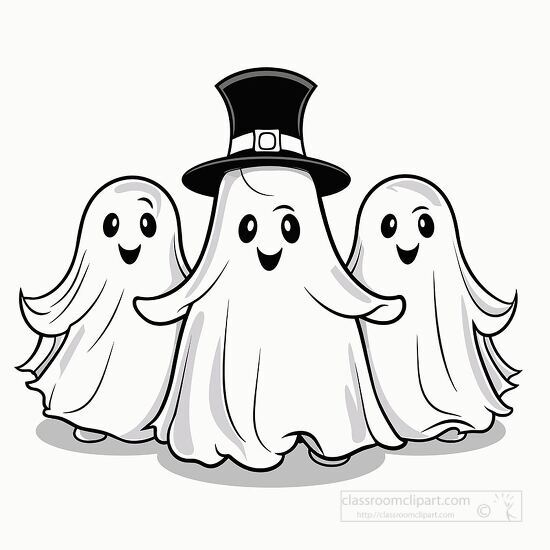 three smiling ghosts one wearing a top hat floating together cli