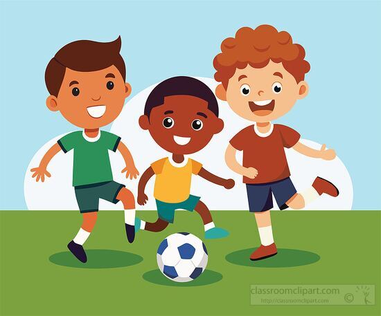 Three young boys are kicking soccer balls while laughing